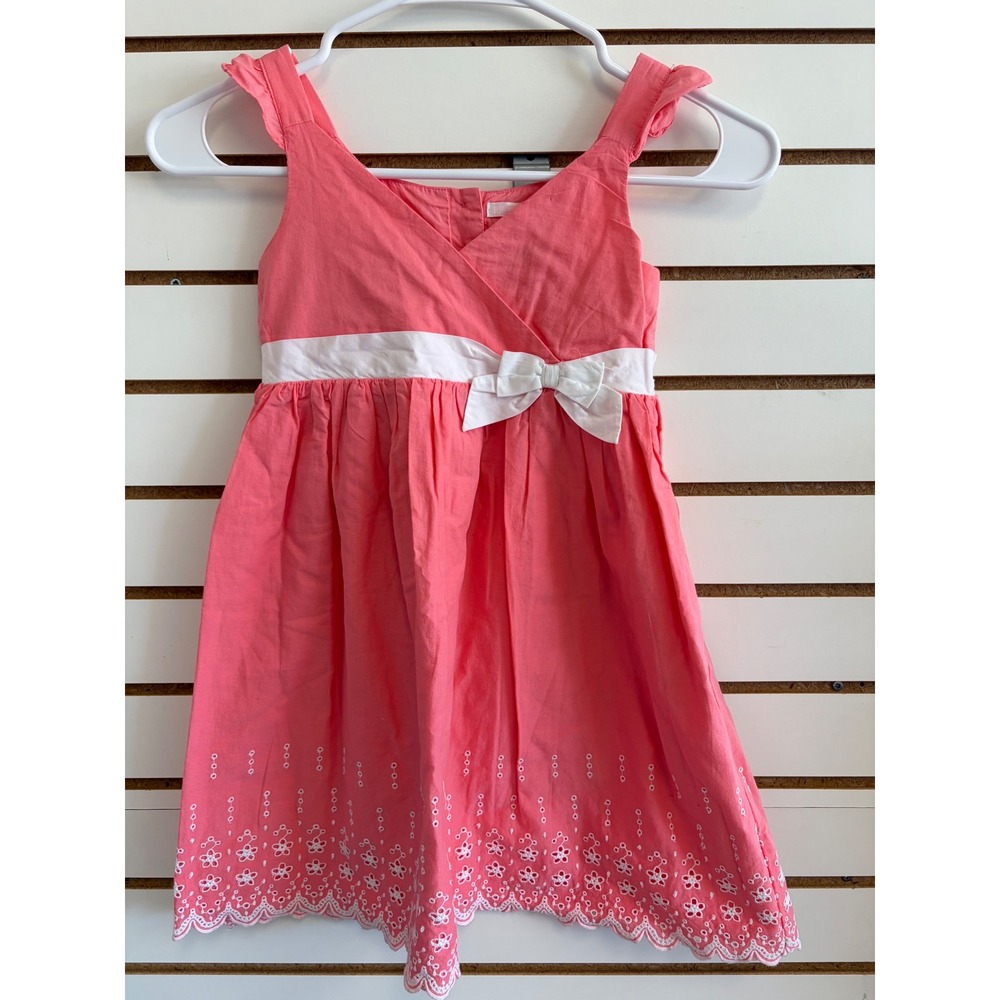 Janie and Jack Coral Pink white Eyelet Cotton Dress Size 5 Bow Scalloped